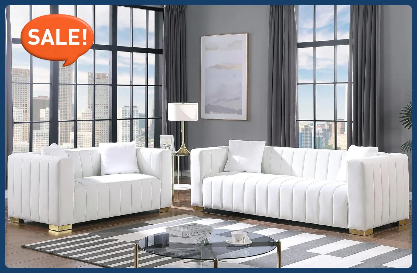 Living Room Furniture Set-2 Piece,Including Loveseat and 3-Seater Sofa Couch with Channel Tufted Velvet Fabric,4 Pillows,White