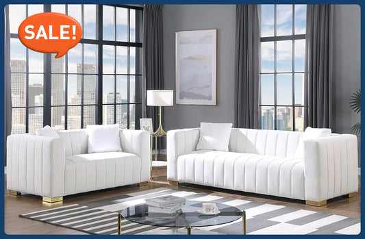 Living Room Furniture Set-2 Piece,Including Loveseat and 3-Seater Sofa Couch with Channel Tufted Velvet Fabric,4 Pillows,White