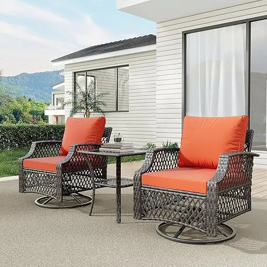 3 Piece Outdoor Swivel Chair Set, Wicker Patio Bistro Set with Thickened 25D Cushions and Glass Coffee Table, Patio Furniture C