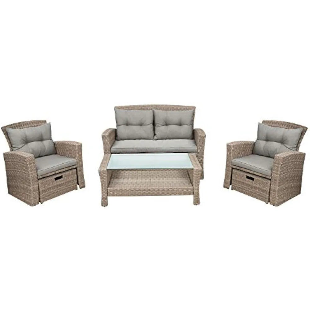 4 Pieces Patio Furniture Sets, Wicker Rattan Furniture with Glass Coffee Table & Two Ottomans, Outdoor Sectional Patio Conversat