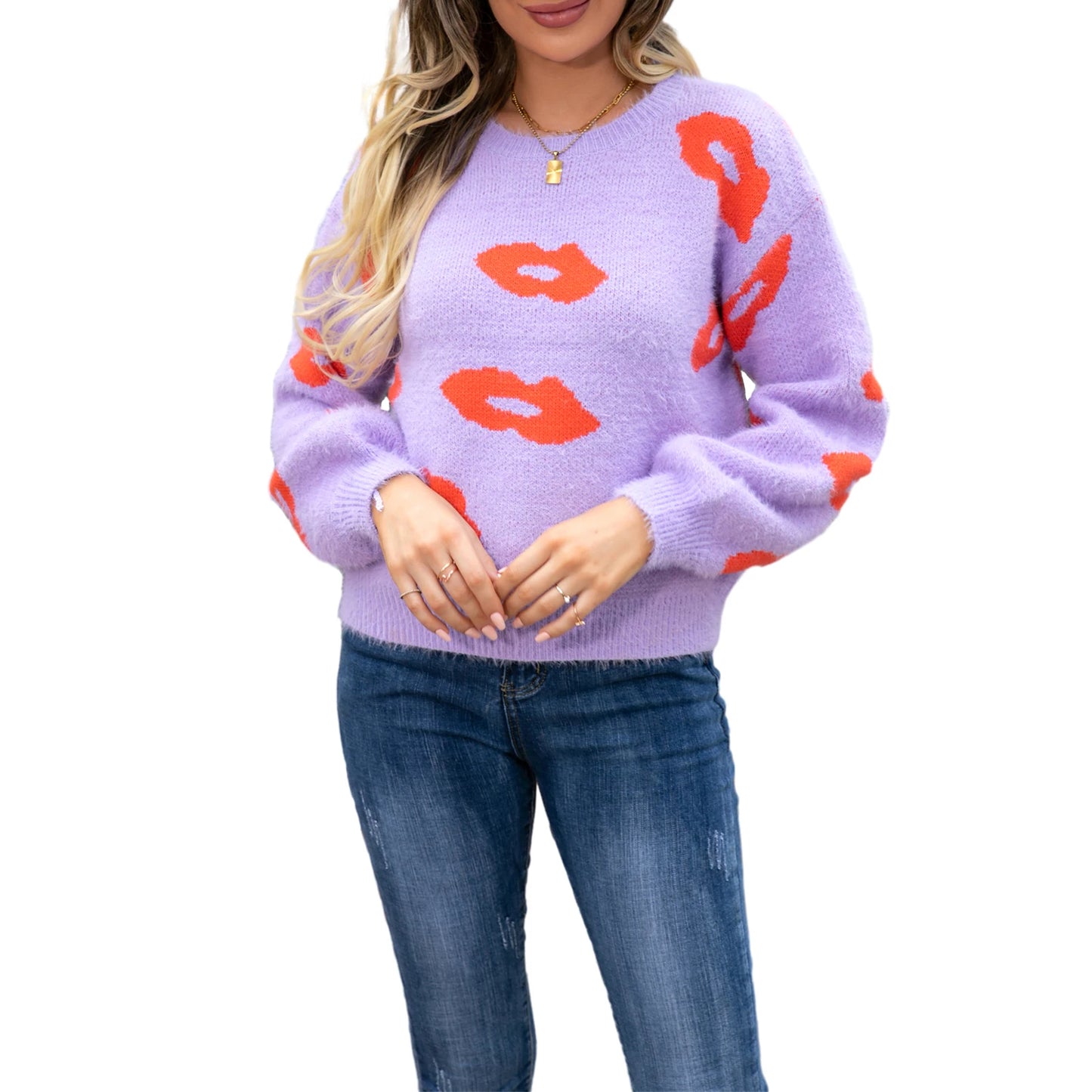 Women s Valentine’s Day Sweater Cartoon Lip Print Long Sleeve Round Neck Loose Pullover Knitwear