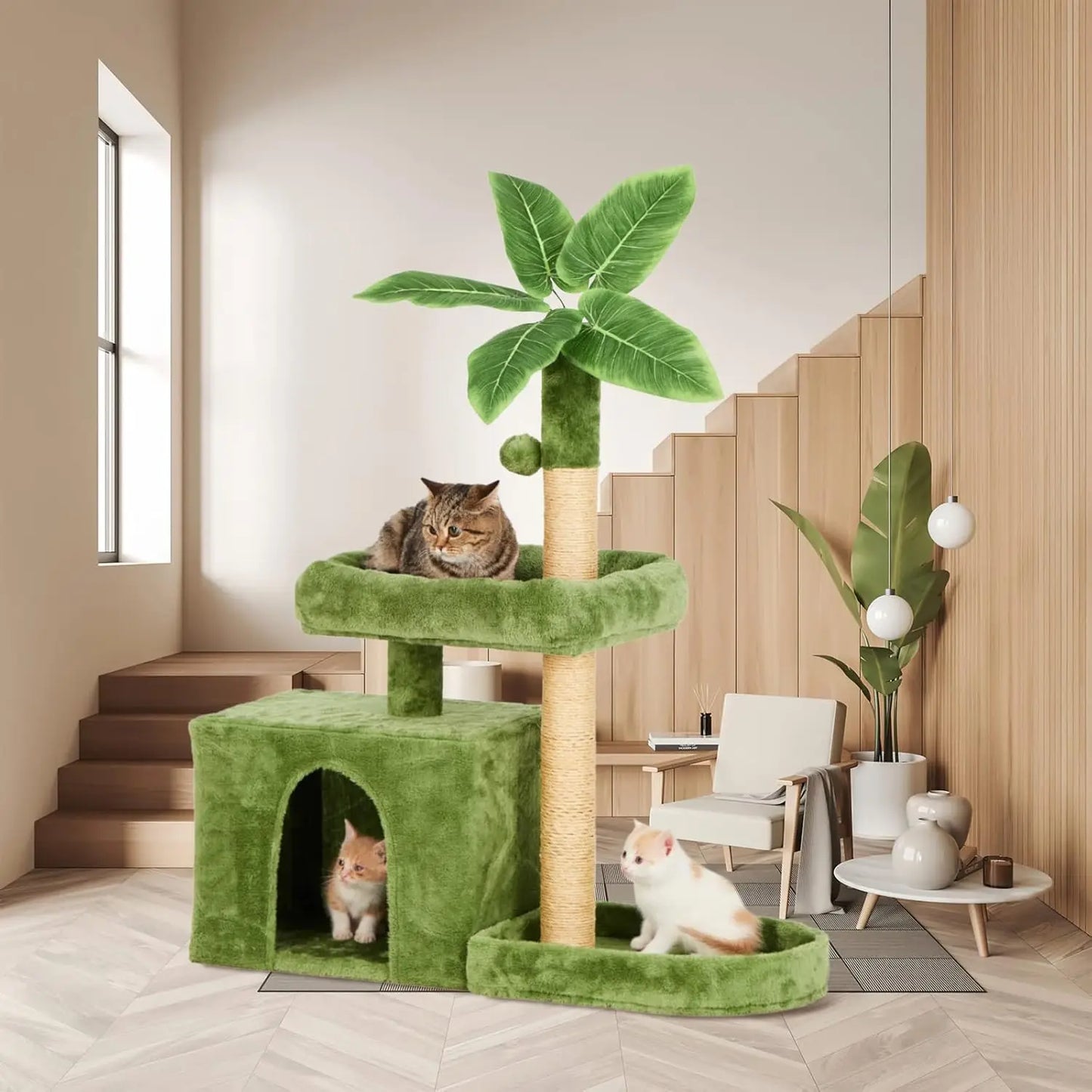 31.5 Inch Cat Tower with Leaf Design Cozy Plush Cat Condo for Indoor Cats