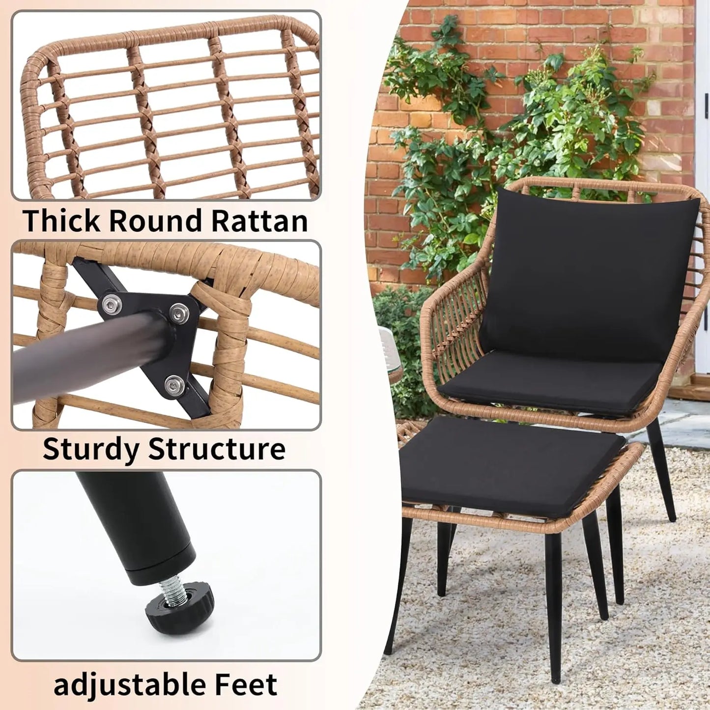 5 Piece Wicker Bistro Patio Conversation Furniture Set, Includes 2 Chairs, 2 Ottomans, and Side Table, Ideal for Porch, Balcony,