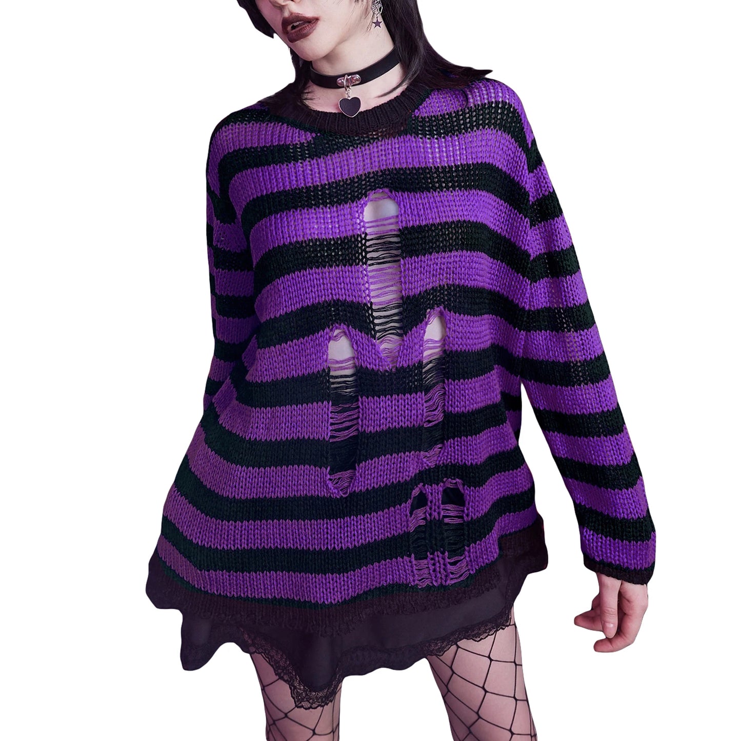 Women Knit Sweater Long Sleeve Crew Neck Striped Ripped Pullover Tops Streetwear
