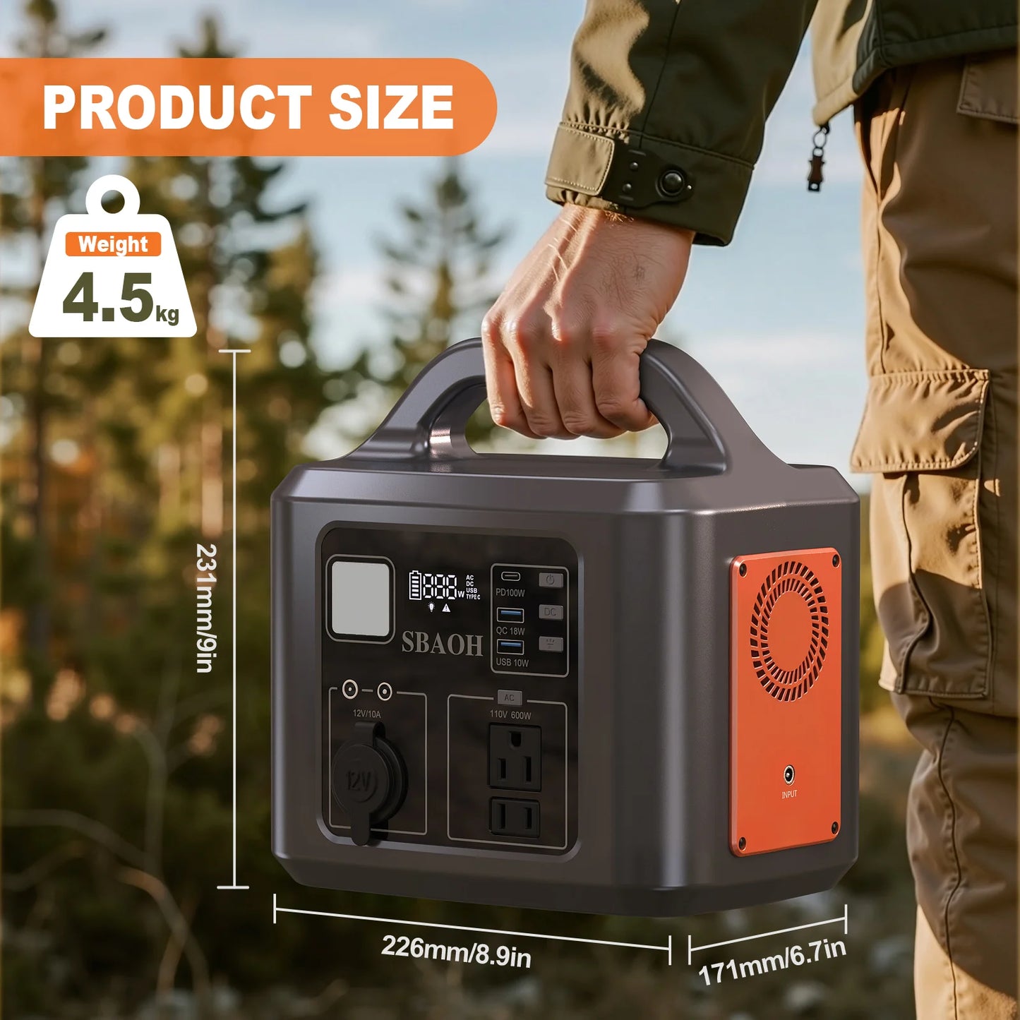 538.7Wh 600W Portable Outdoor Power Station with Solar Charging Input, 100W PD USB-C, QC3.0, AC Power Outlet, Outdoor Camping Ho