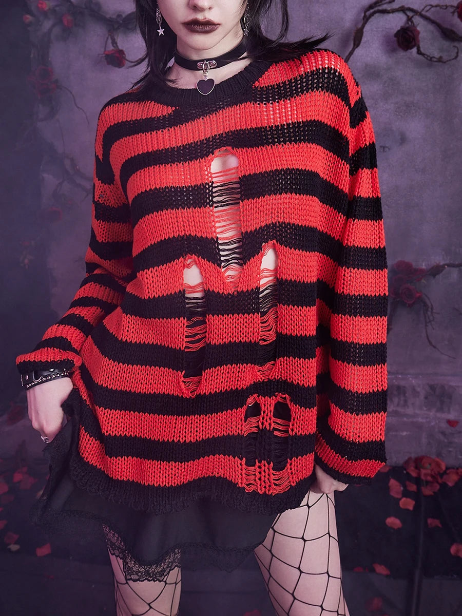 Women Knit Sweater Long Sleeve Crew Neck Striped Ripped Pullover Tops Streetwear