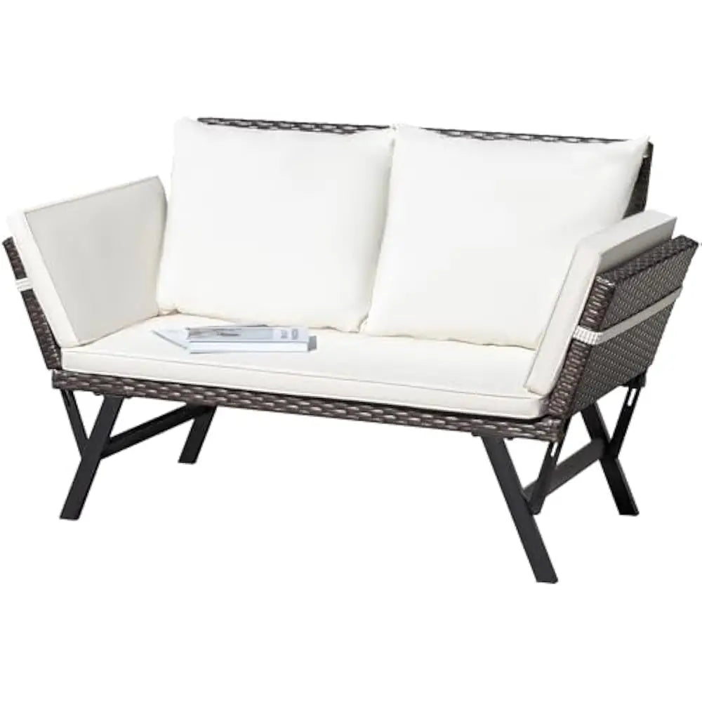 Outdoor Sofa with Adjustable Armrests, Convertible Daybed or Double Chair, Woven Rattan Patio Furniture, Outdoor Sofa