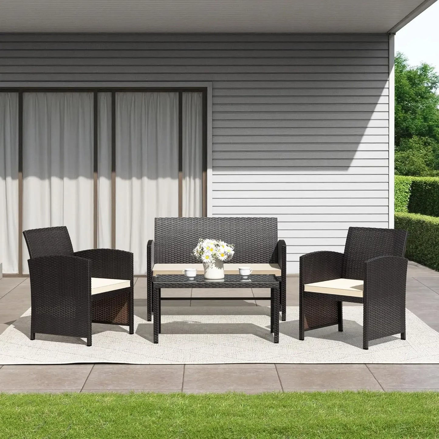 4 Pieces Patio Conversation Set Outdoor Rattan Patio Furniture Set Wicker Chairs with Soft Cushion and Glass Table for Pa