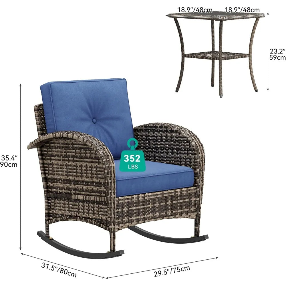 3-Piece Wicker Rocking Chair Set, Outdoor Patio Furniture Set with Plush Cushions, PE Rattan Bistro Set Including Side Table, D