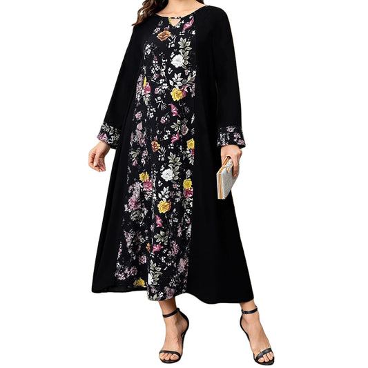 Elegant Floral Print Long Sleeve Round Neck Loose Flowy Maxi Dress with Patchwork Design for Women s Abaya Robe Kaftan