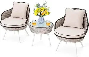 3 Piece Outdoor Patio Bistro Set, Patio Furniture Set for 1 Iron Table and 2 Dining Chairs, Balcony Furniture Patio Table