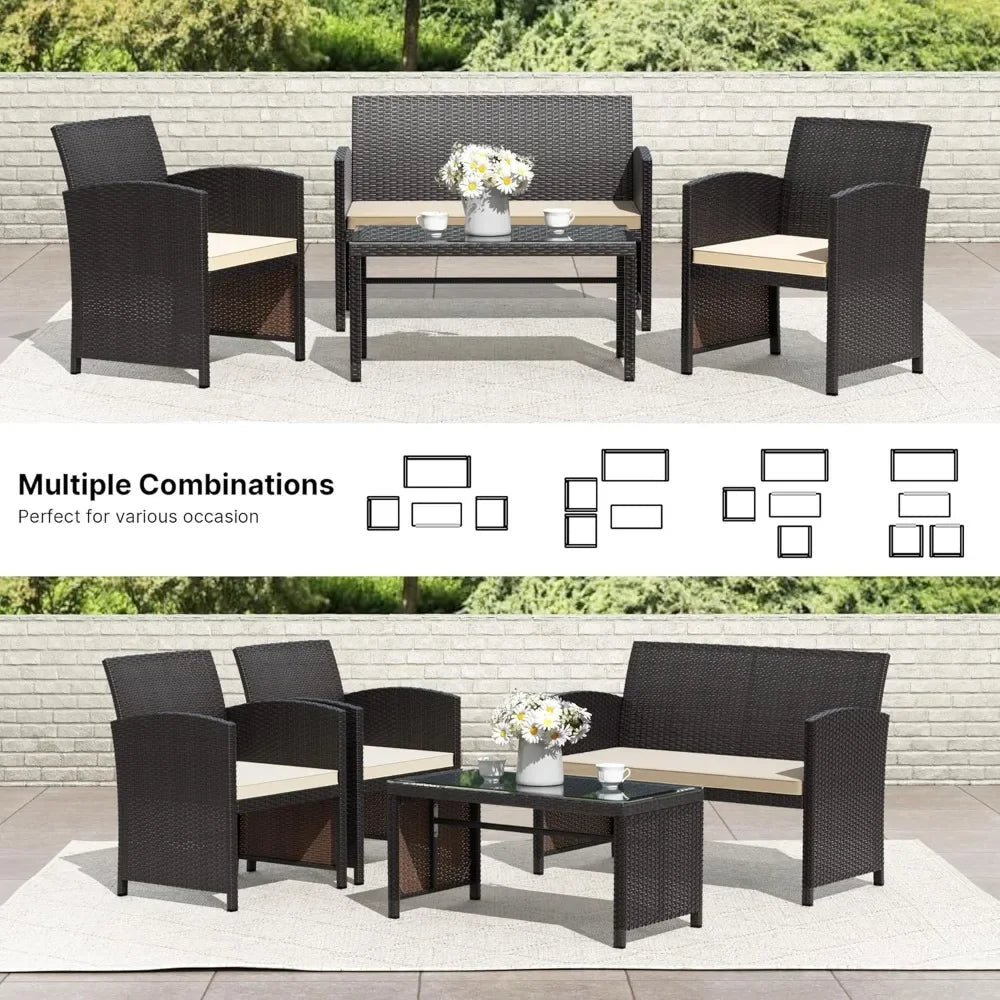 4 Pieces Patio Conversation Set Outdoor Rattan Patio Furniture Set Wicker Chairs with Soft Cushion and Glass Table for Pa