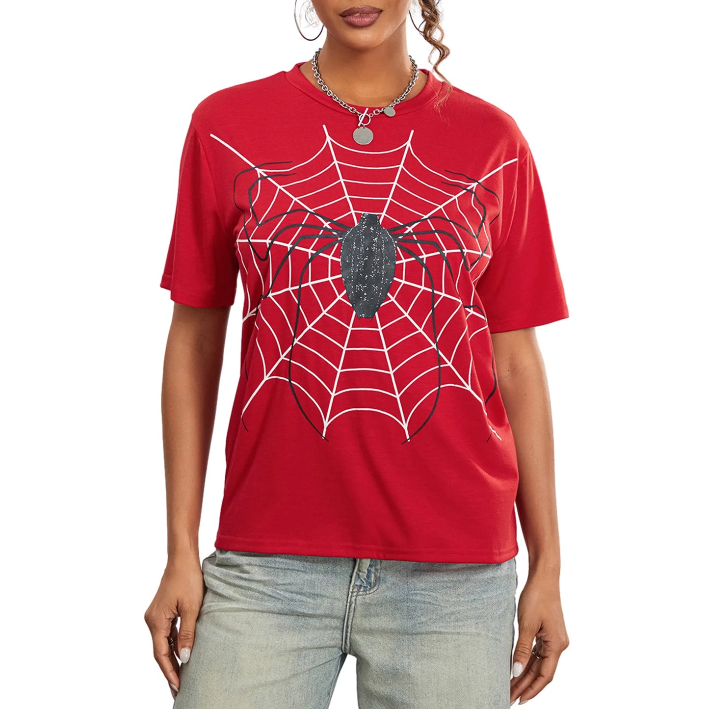 Women Short Sleeve Tops Spider Print Summer T-Shirt Casual Pullovers for Streetwear Aesthetic Grunge Clothes