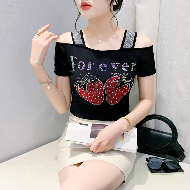New Ladies Clothes Butterfly Letter Design T-Shirt Sexy Off Shoulder Shiny Diamonds Women Chic Mesh Tops Tees Shirts