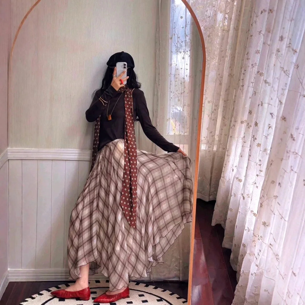 Flowing Check Midi Skirt 2025 Spring Summer New Retro Long Skirt Seaside Holiday Casual Brown Women Clothing