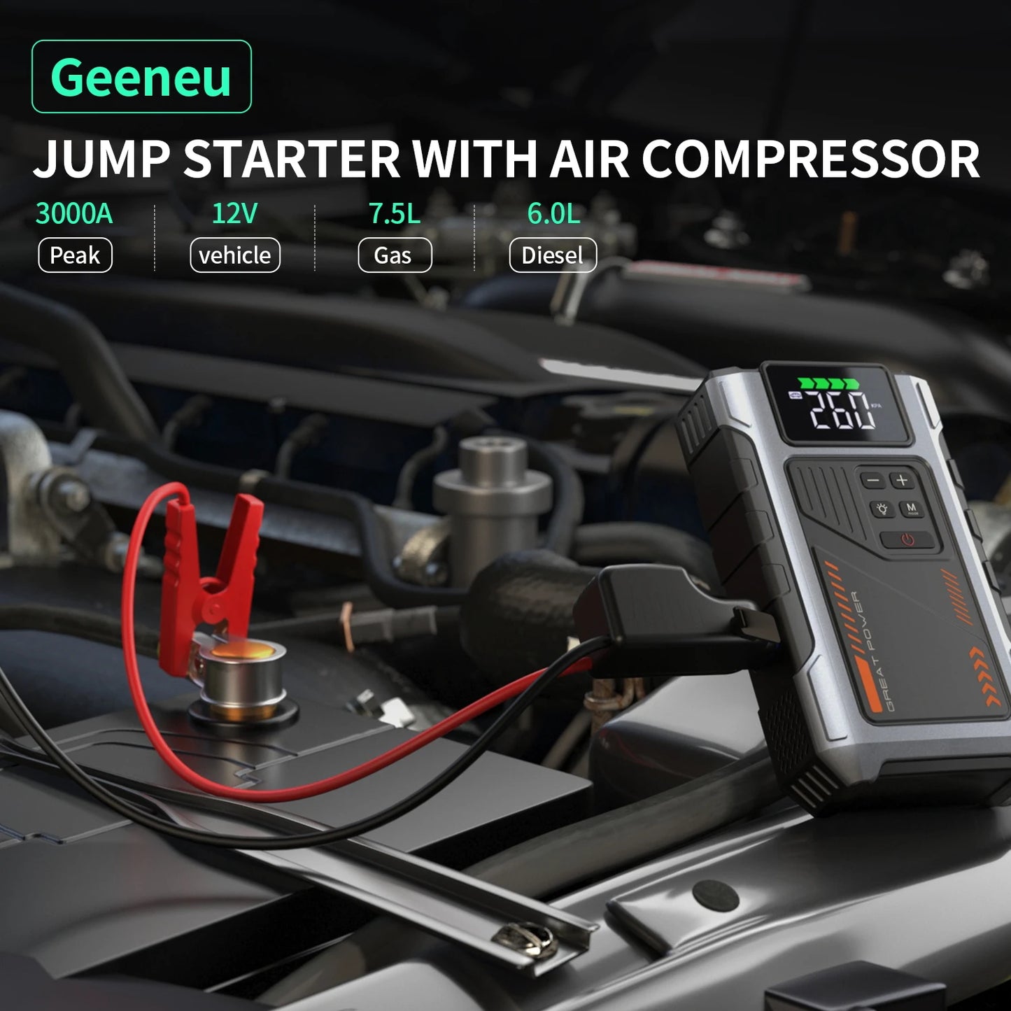 Portable Car Jump Starter and Air Compressor 3000A Peak for Gas and Diesel