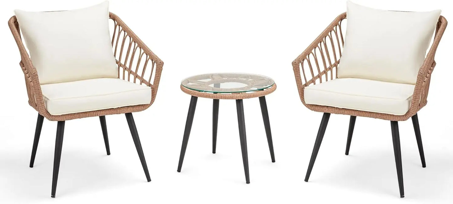 3 Piece Patio Rattan Bistro Set, Outdoor All Weather Wicker Furniture Chairs with Table and Soft Cushions, Modern Conve