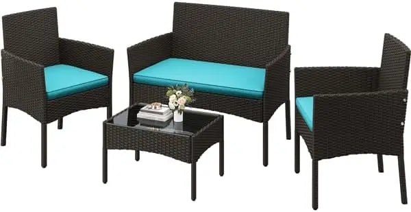Patio Furniture Set 4 Pieces Conversation Sets, Rattan Chair Wicker Set Loveseat with Soft Cushion and Glass Table