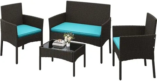 Patio Furniture Set 4 Pieces Conversation Sets, Rattan Chair Wicker Set Loveseat with Soft Cushion and Glass Table