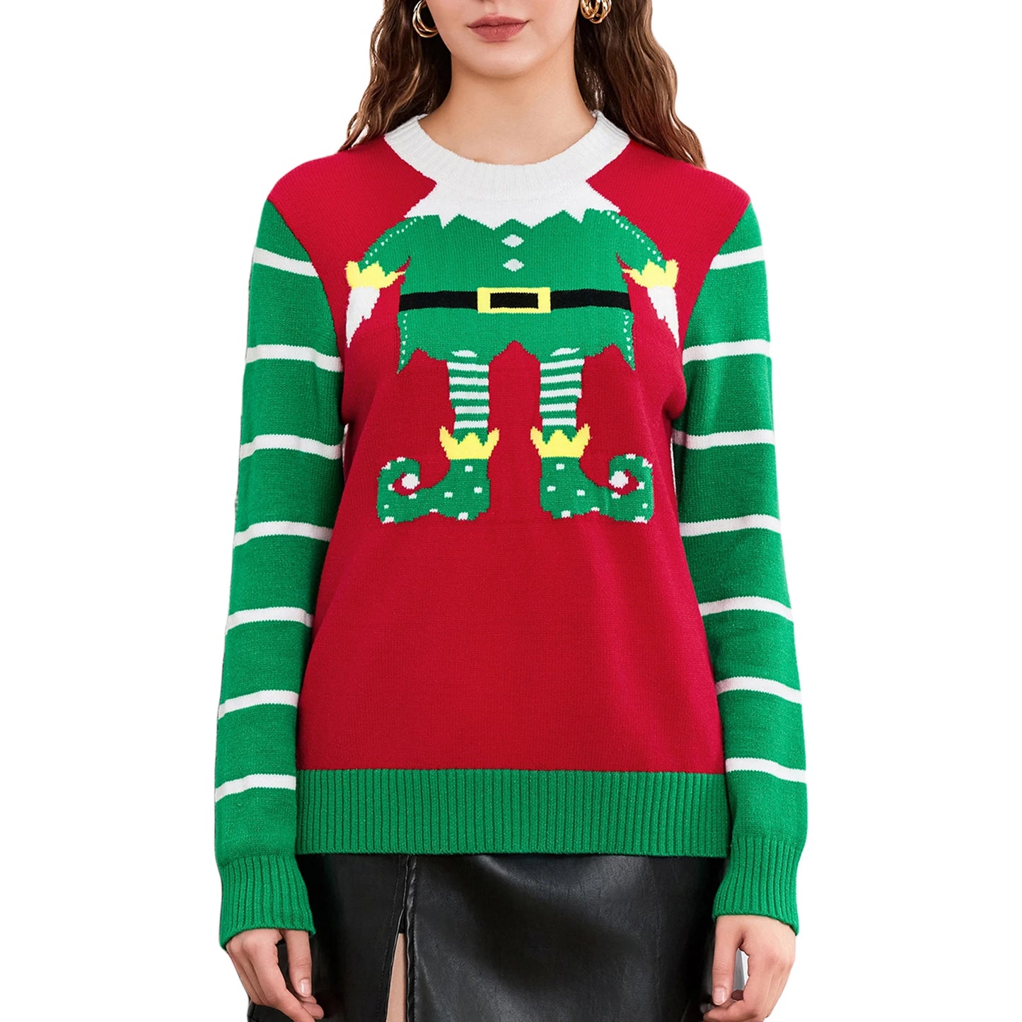 Women s Festive Reindeer Print Christmas Sweater Cozy Crew Neck Knit Pullover Winter Holiday Fashion for Casual Wear