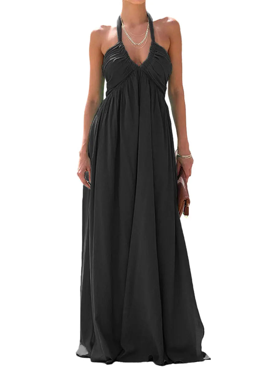 Women Summer Casual Long Dress Solid Color Tie-Up Halter Neck Sleeveless Dress Beach Holiday Backless Dress