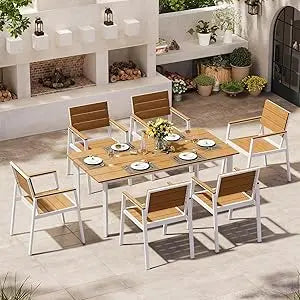 Outdoor Dining Set for 6, Patio Table and Chairs Set with Umbrella Hole, 7 Pieces HDPS Outdoor Furniture Sets for Patio, Garden,