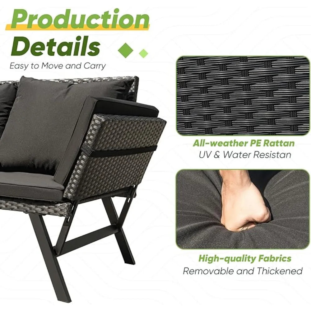 Outdoor Sofa with Adjustable Armrests, Convertible Daybed or Double Chair, Woven Rattan Patio Furniture, Outdoor Sofa