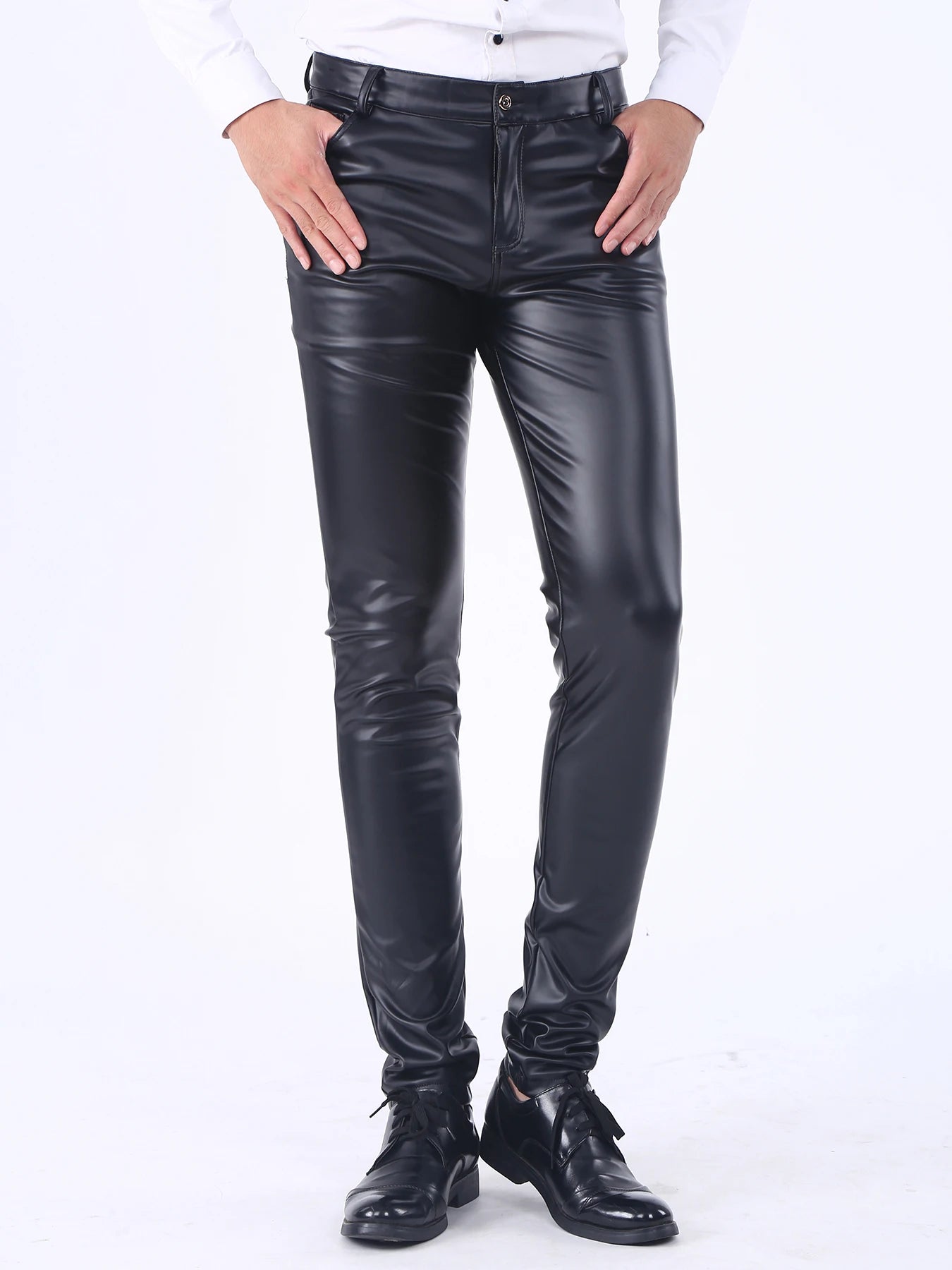 Men`s Party Stage Performance Business Slim Fit Five Pockets Faux Leather Pants Jeans