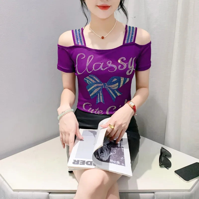New Ladies Clothes Butterfly Letter Design T-Shirt Sexy Off Shoulder Shiny Diamonds Women Chic Mesh Tops Tees Shirts