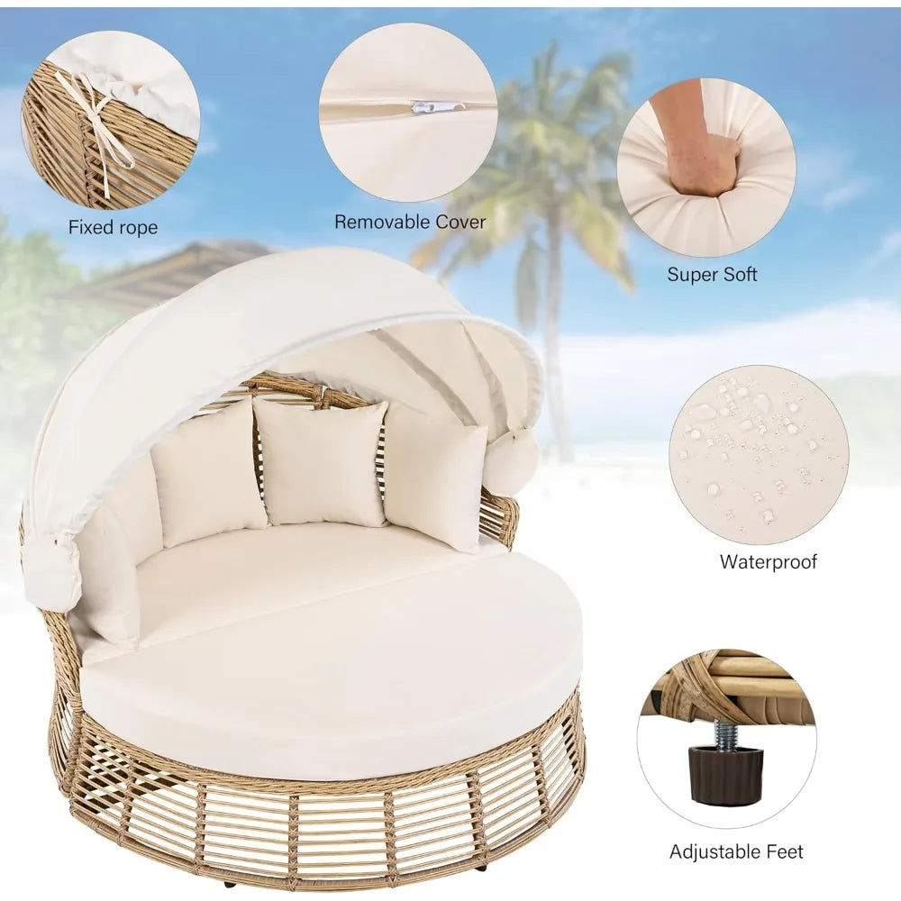 Outdoor Patio Rattan Round Daybed with Retractable Canopy, Wicker Furniture Round Poolside Sofa Sunbed with Removable Cushions (