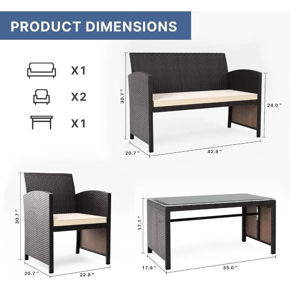 4 Pieces Patio Conversation Set Outdoor Rattan Patio Furniture Set Wicker Chairs with Soft Cushion and Glass Table for Pa