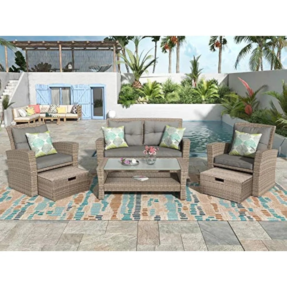 4 Pieces Patio Furniture Sets, Wicker Rattan Furniture with Glass Coffee Table & Two Ottomans, Outdoor Sectional Patio Conversat