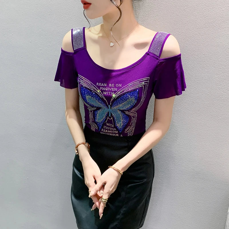 New Ladies Clothes Butterfly Letter Design T-Shirt Sexy Off Shoulder Shiny Diamonds Women Chic Mesh Tops Tees Shirts