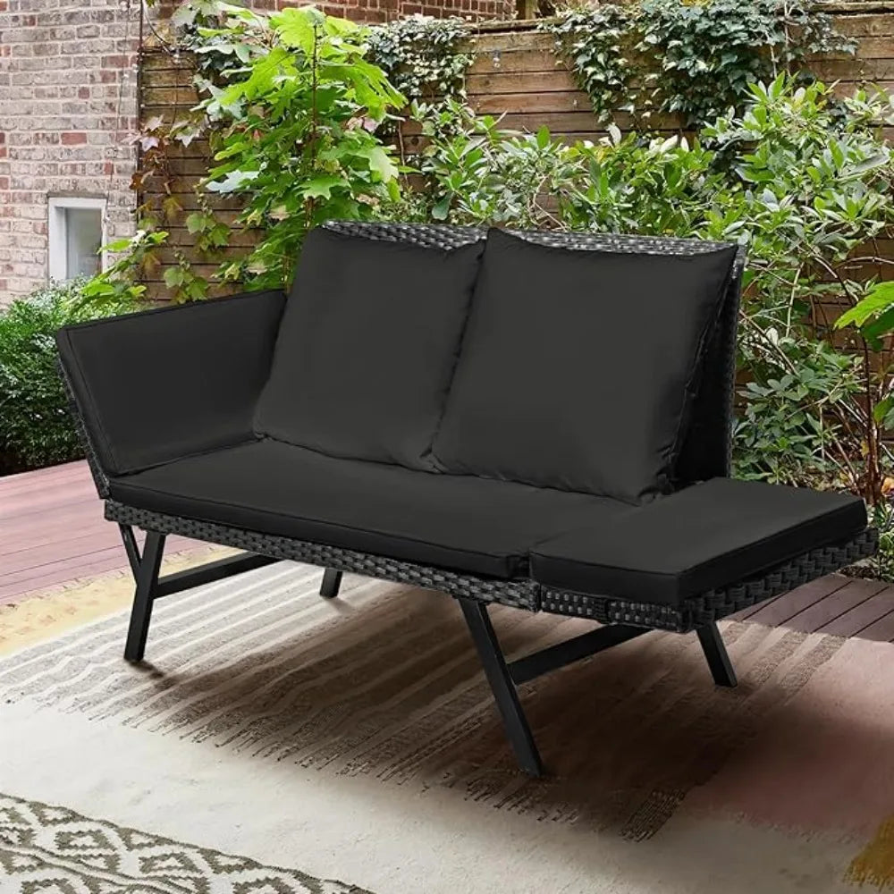 Outdoor Sofa with Adjustable Armrests, Convertible Daybed or Double Chair, Woven Rattan Patio Furniture, Outdoor Sofa