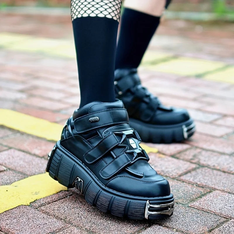 Chunky Heel Platform Metal Decoration Sneakers Large Size Hook Loop Flat Heel Gothic Sport Shoes Female Casual Trainers Designer