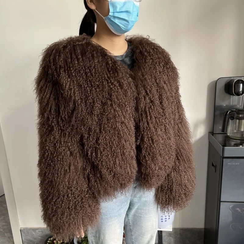 BEIZIRU Women's Real Fur Jacket Winter Autumn Fashion Mongolia Sheep Coat Warm Stylish Outerwear for Ladies