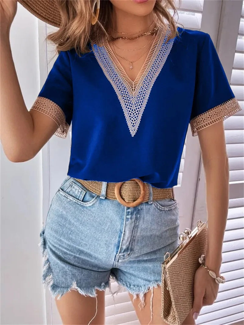 Fashion V-neck Lace T-Shirts Women Summer Casual Top Tees Harajuku Blusas Tee Shirt New Streetwear Woman Clothes Camisetas Ropa