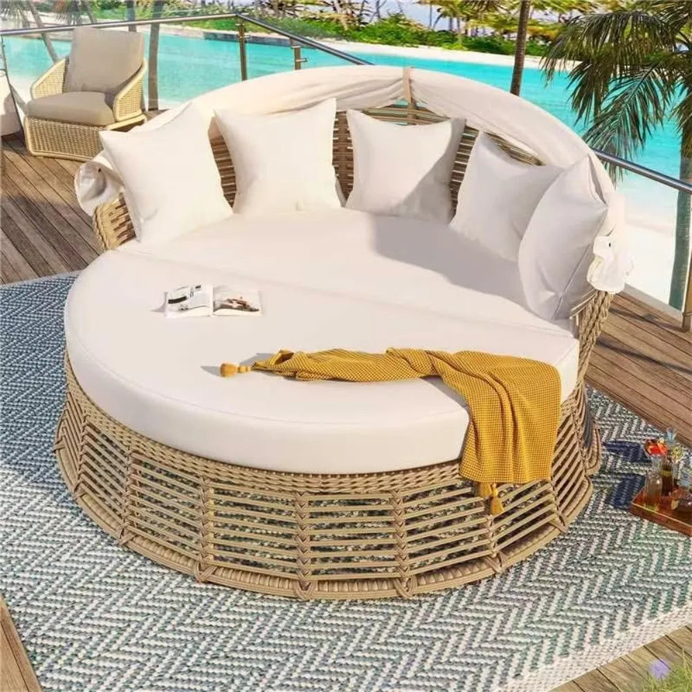Outdoor Patio Rattan Round Daybed with Retractable Canopy, Wicker Furniture Round Poolside Sofa Sunbed with Removable Cushions (