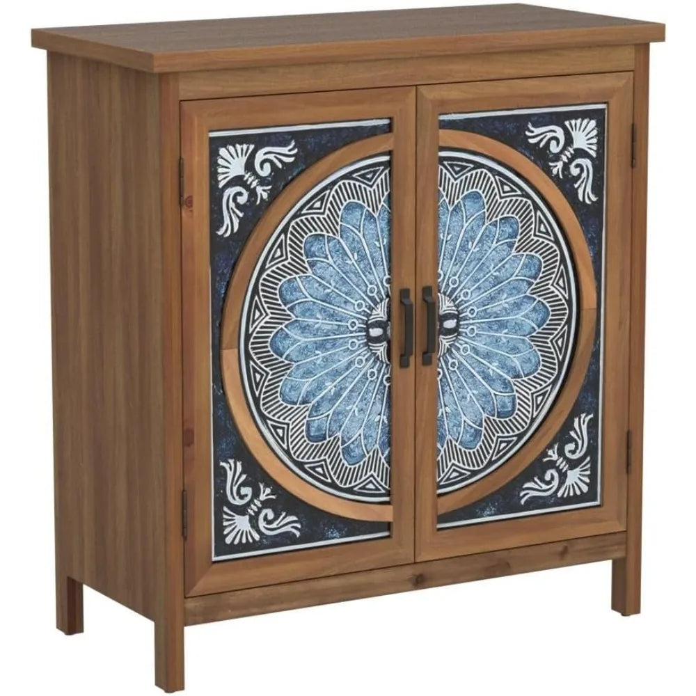 Popular 2-Door Accent Cabinet, Distressed Storage Cabinet with Blue and White Porcelain Pattern for Entryway Living Room