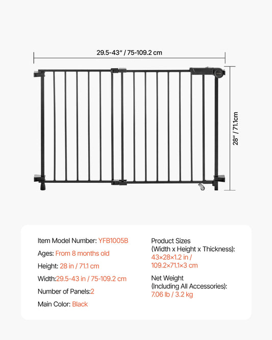 VEVOR Adjustable Baby Gate for Pets 29.5 to 43 Inches Wide Safety Barrier