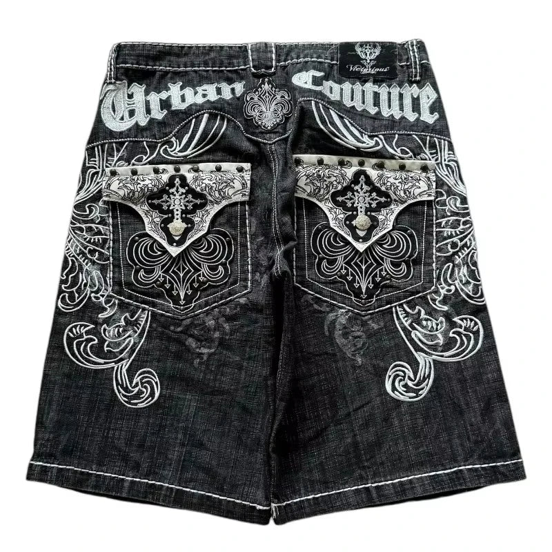 American Vintage Popular New Pattern Embroidery Baggy Denim Shorts Men Street Fashion Gothic Casual Joker Shorts Women Clothing