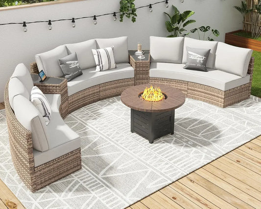 Patio Furniture Sets, 11 Piece Half-Moon Sectional Round Sofa Set, Outdoor Patio Furniture with Cushions & Wedge Table