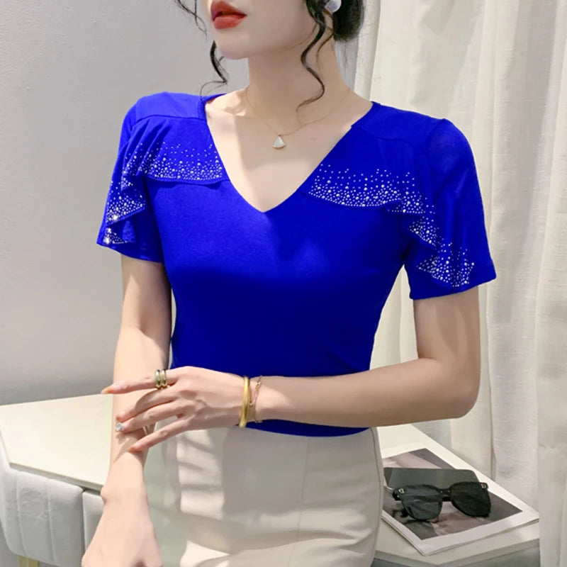 2025 Spring Summer Mesh Tops Korean Fashion Round Neck Patchwork Lotus Leaf Ruffles Shirt Hot Diamond Women T Shirt