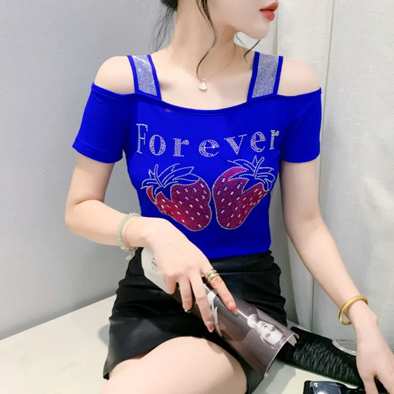 New Ladies Clothes Butterfly Letter Design T-Shirt Sexy Off Shoulder Shiny Diamonds Women Chic Mesh Tops Tees Shirts
