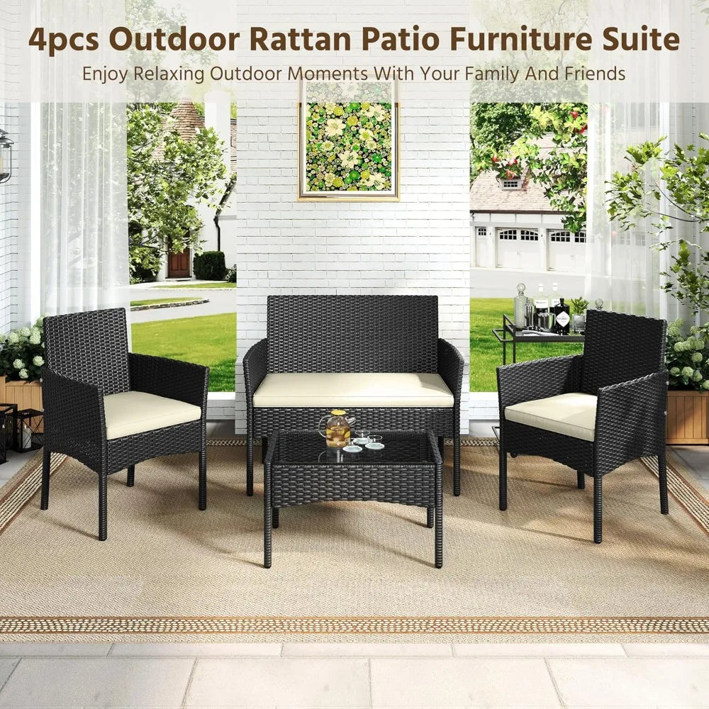 Patio Furniture Set 4 Pieces Conversation Sets, Rattan Chair Wicker Set Loveseat with Soft Cushion and Glass Table