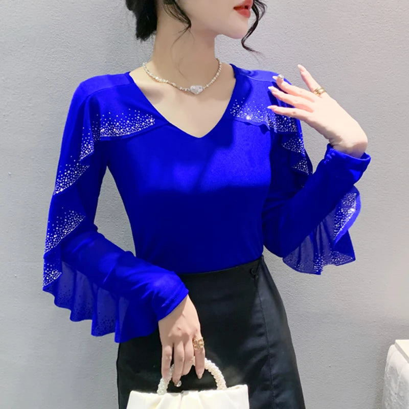 2025 Spring Summer Mesh Tops Korean Fashion Round Neck Patchwork Lotus Leaf Ruffles Shirt Hot Diamond Women T Shirt
