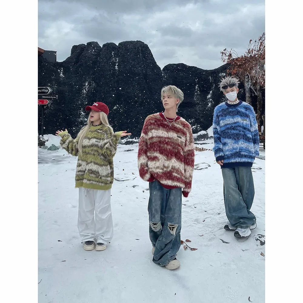 New Striped American Style Street Knitted Sweaters Top For Men Women Trendy Casual Couple Knitwear Sweater Clothing Men