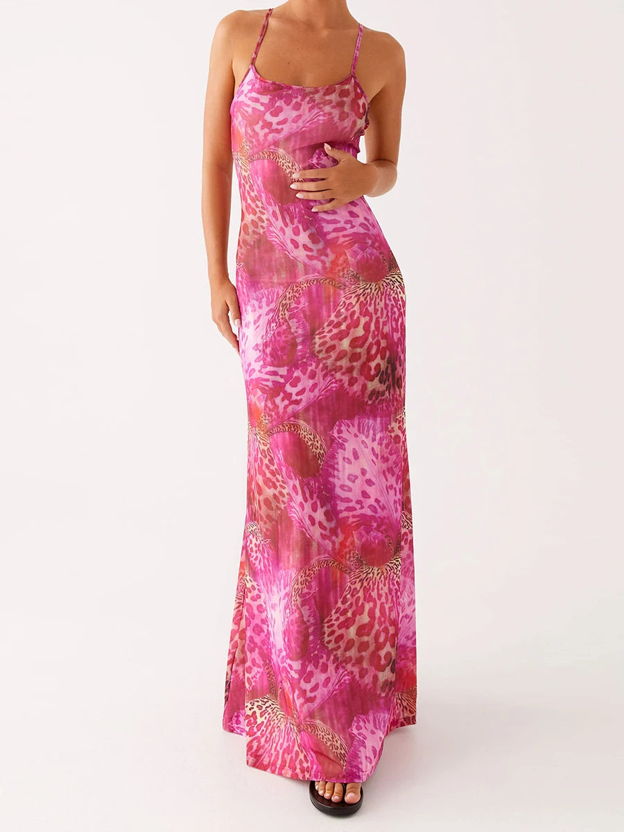 Women s Elegant Floral Print Sleeveless Maxi Dress with  Fit Spaghetti Straps for Summer Beach Party Wear