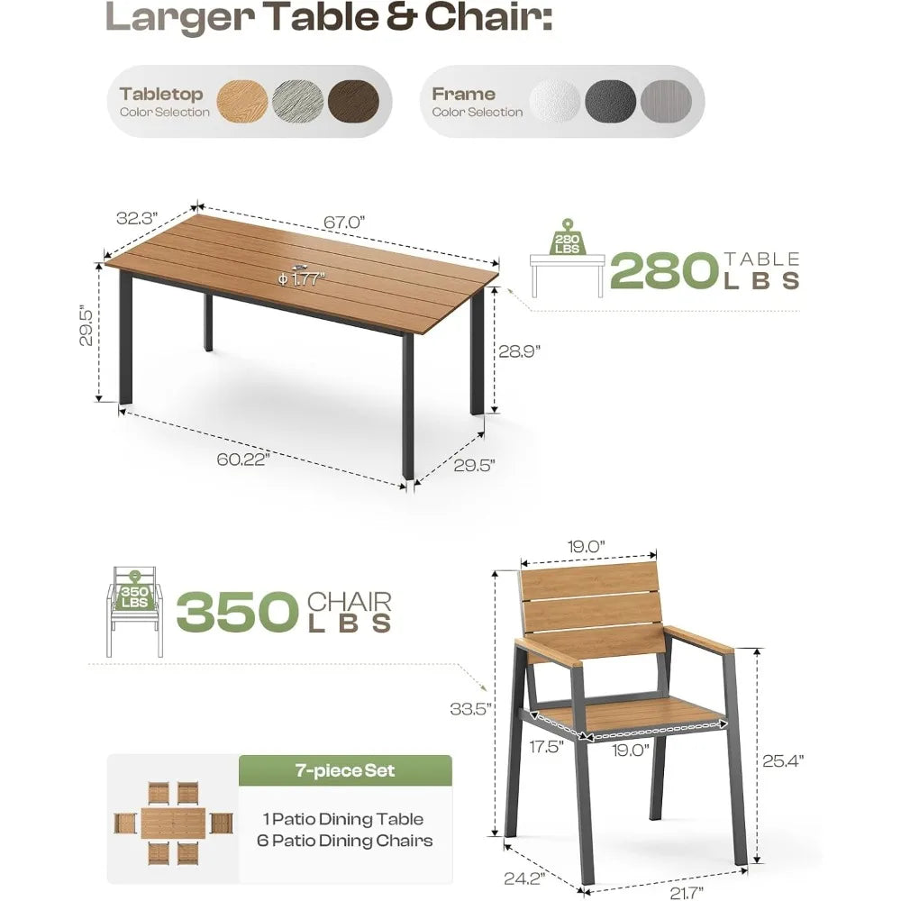 Outdoor Dining Set for 6, Patio Table and Chairs Set with Umbrella Hole, 7 Pieces HDPS Outdoor Furniture Sets for Patio, Garden,