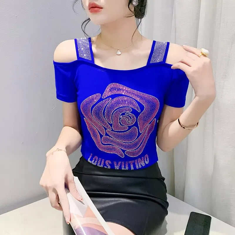 New Ladies Clothes Butterfly Letter Design T-Shirt Sexy Off Shoulder Shiny Diamonds Women Chic Mesh Tops Tees Shirts